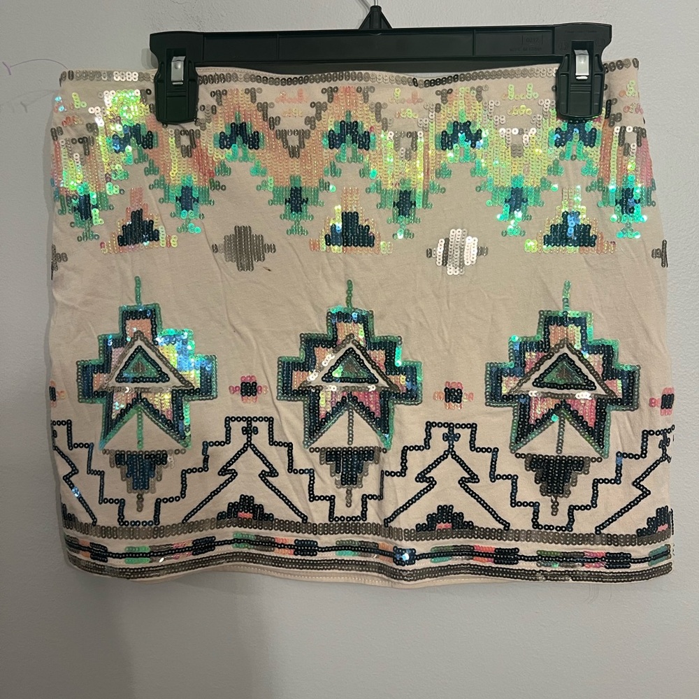 Express Aztec Tribal Boho Sequence‎ Lined Mini Stretch Skirt Size Medium